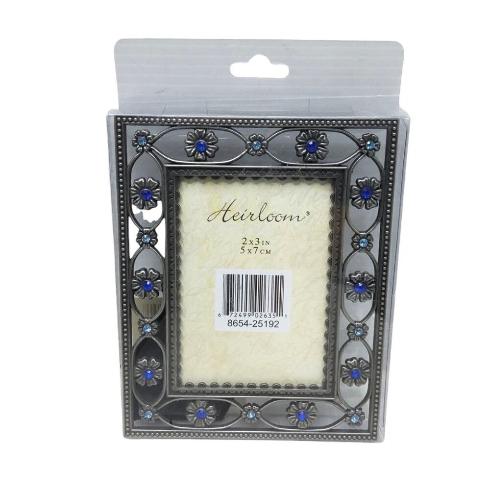 vintage new heirloom pewter floral design with blue jeweled rhinestones picture